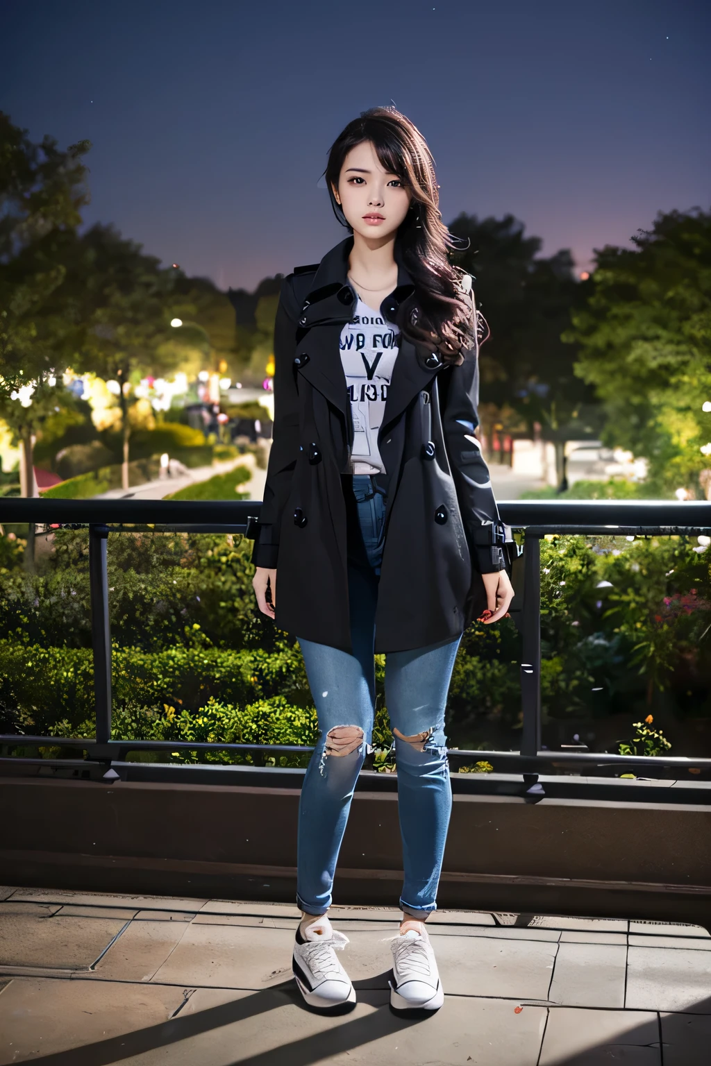 (Tabletop,high quality,16K:1.1),(Written boundary depth:1.3) ,((Full body photo)),smile、Standing woman、Black Hair、trench coat、shirt、Skinny jeans、sneakers、Background is a park at night,(View your audience:1.3),(Full Body Shot:1.2),,
