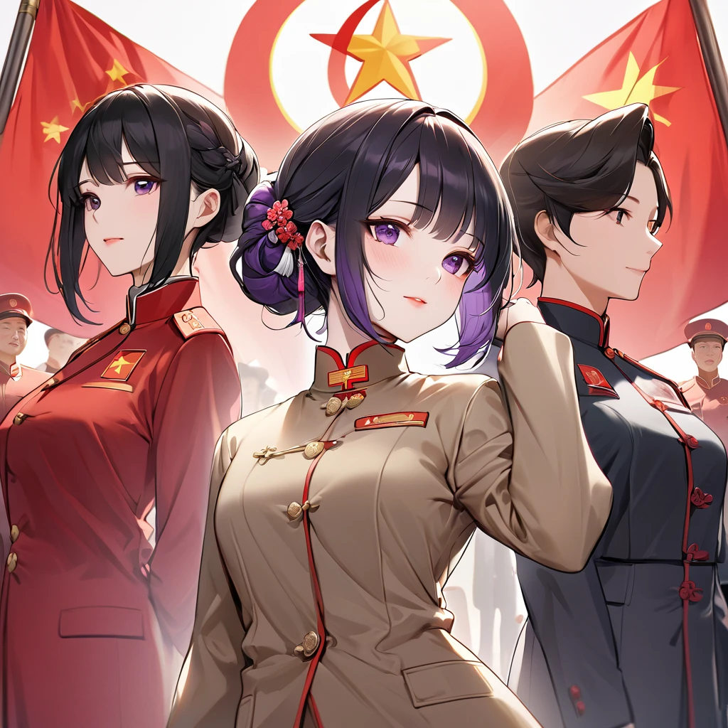 ((Highest quality)), ((masterpiece)), (detailed), (Perfect Face)、The woman is a Chinese woman named Kocho Shinobu, with black hair in a purple gradient bob with evening hair updos, and is wearing an engagement ring. She has become a member of the glorious Chinese Communist and has sworn absolute loyalty to the party is a righteous Communist Party memb the ruling China and the wife of a great Communist Party official.woman is wearing the khaki Mao suit of the Chinese Communist Party.、For the sake ina, their hairstyles, clothes, and everything they wear are all Chinese Communist Party items, and their ths are also Chinese, becoming great Chinese in body and mind.、The woman became Shinobu Kocho, a Chinese woman who was proud of China, loved it and devoted herself to it.、She is serving China as a member of the great Communist Party of China.、The woman is atiful, respectable and exemplary Communist Party member.