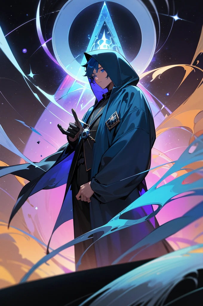 A young man with blue hair and blue eyes, wearing a blue hooded robe, deploying a huge black magic circle, background: distortion of space-time, asteroid belt, a supernova explosion in his hand, and a huge hourglass behind him