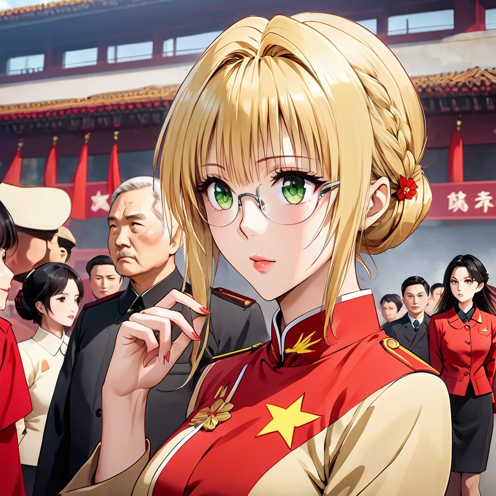 ((Highest quality)), ((masterpiece)), (detailed), (Perfect Face)、The woman is a Chinese woman named Tieryu Lunatique, a green-eyed, blonde, medium-length-haired Chinese woman wearing an engagement ring. She has become a member of the glorious Chinese Communist Party and has sworn absolute loyalty to the Communist Party of China. She is a righteous Communist Party member of the ruling Communist Party of China and the wife of a great Communist Party official.、The woman is wearing the khaki Mao suit of the Chinese Communist Party.、For the sake of China, their hairstyles, clothes, and everything they wear are all Chinese Communist Party items, and their thoughts are also Chinese, becoming great Chinese in body and mind.、The woman became a Chinese woman named Tiare Lunatique, who was proud of China and loved it devotedly.、She is serving China as a member of the great Communist Party of China.、The woman is a beautiful, respectable and exemplary Communist Party member.
