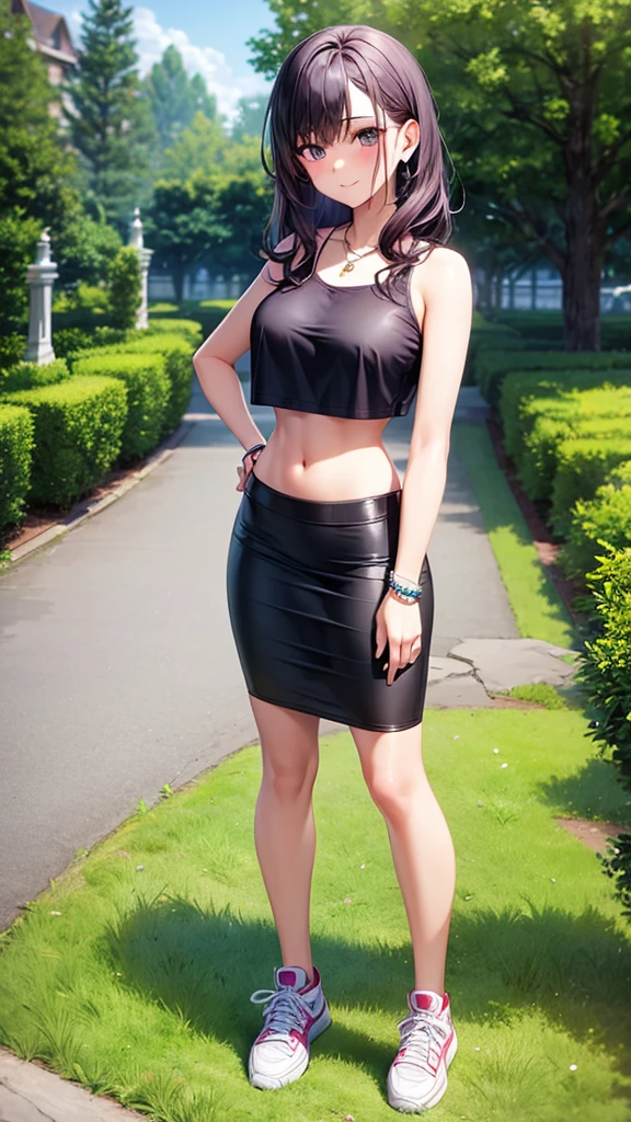 masterpiece, best quality, high detail, 1girl, beautiful woman, medium wavy hair, dark purple hair, large bust, pink crop top, black midi pencil skirt, long black skirt, white sneakers, headphones:1.2, midriff, necklace, bracelet, collarbone, garden, grass, stone, full body, looking at viewer, light smile, stylish pose, hand on hip