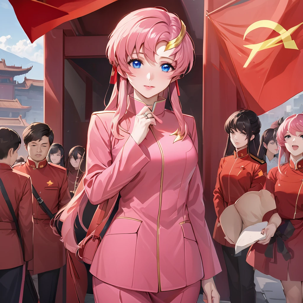 ((Highest quality)), ((masterpiece)), (detailed), (Perfect Face)、The woman is a Chinese Lacus Clyne, a Chinese woman with blue eyes and medium-long pink hair who is wearing an engagement ring. She has become a member of the glorious Chinese Communist Party and has sworn absolute loyalty to the party. She is a righteous Communist Party member of the ruling China and the wife of a great Communist Party official.、The woman is wearing the khaki Mao suit of the Chinese Communist Party.、For the sake of China, their hairstyles, clothes, and everything they wear are all Chinese Communist Party items, and their thoughts are also Chinese, becoming great Chinese in body and mind.、The woman became Lacus Clyne, a Chinese woman who was proud of and loved China.、She is serving China as a member of the great Communist Party of China.、The woman is a beautiful, respectable and exemplary Communist Party member.