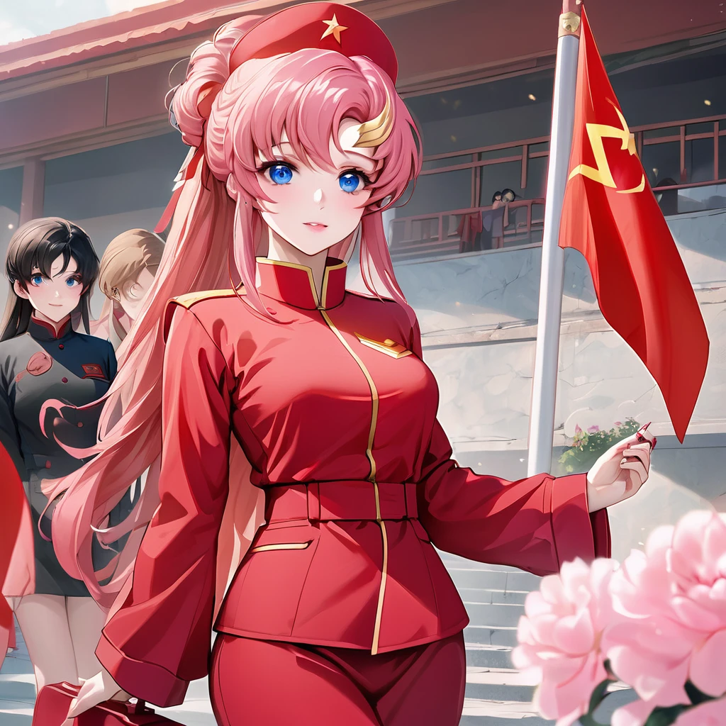 ((Highest quality)), ((masterpiece)), (detailed), （Perfect Face）、The woman is a Chinese Lacus Clyne, a Chinese woman with blue eyes and medium-long pink hair who is wearing an engagement ring. She has become a member of the glorious Chinese Communist Party and has sworn absolute loyalty to the party. She is a righteous Communist Party member of the ruling China and the wife of a great Communist Party official.、The woman is wearing the khaki Mao suit of the Chinese Communist Party.、For the sake of China, their hairstyles, clothes, and everything they wear are all Chinese Communist Party items, and their thoughts are also Chinese, becoming great Chinese in body and mind.、The woman became Lacus Clyne, a Chinese woman who was proud of and loved China.、She is serving China as a member of the great Communist Party of China.、The woman is a beautiful, respectable and exemplary Communist Party member.