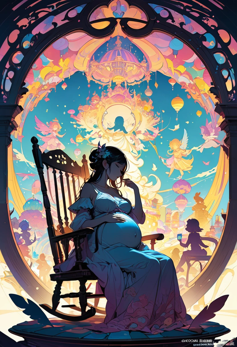 Multiple exposure of the silhouette of a pregnant woman who is about to give birth, sitting and sleeping in a rocking chair, Candyland Angels, Fantasy Concept Art, Shadow play, (Highest quality, masterpiece, Representative works, Official Art, Professional, Super intricate details, 8k:1.3)