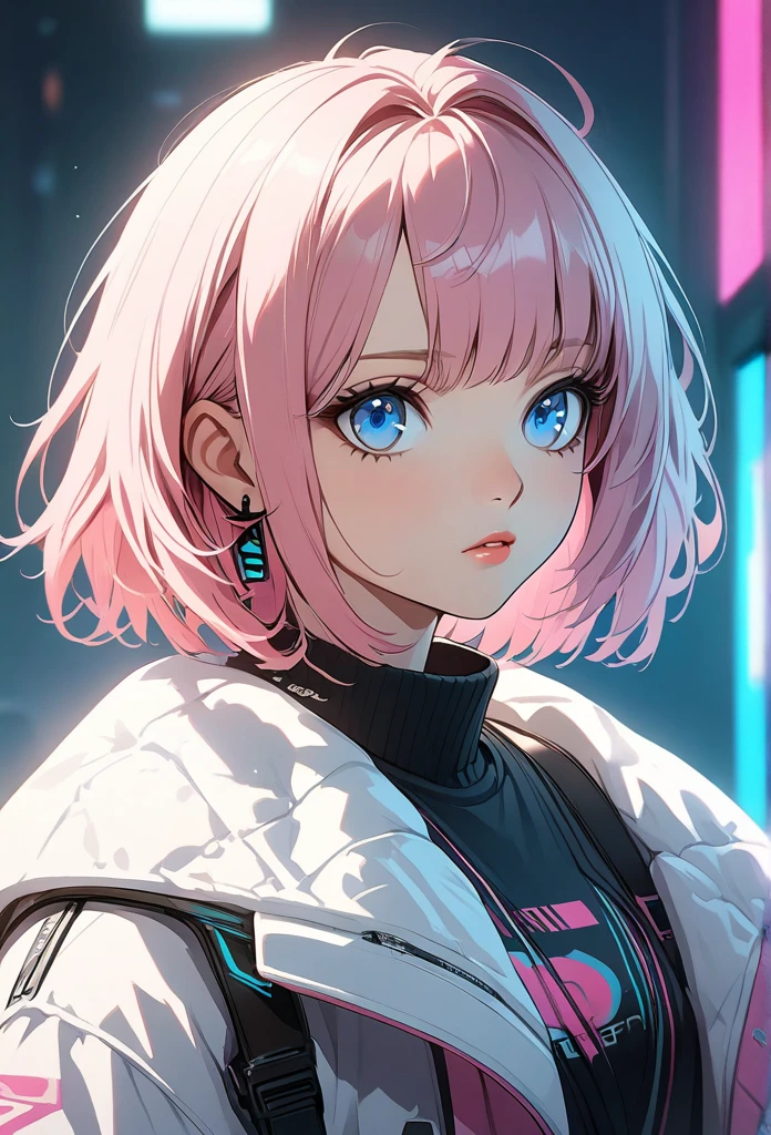 woman, Realistic characters, Green hair and pink hair, blue eyes, anime, alone, Modern, cyber punk