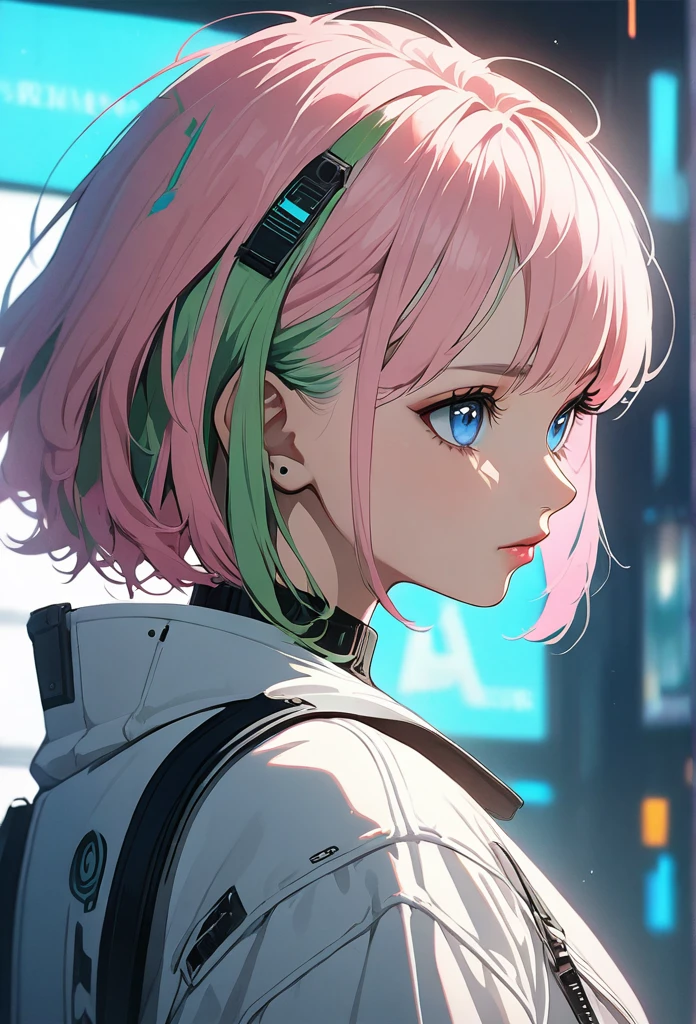 woman, Realistic characters, Green hair and pink hair, blue eyes, anime, alone, Modern, cyber punk