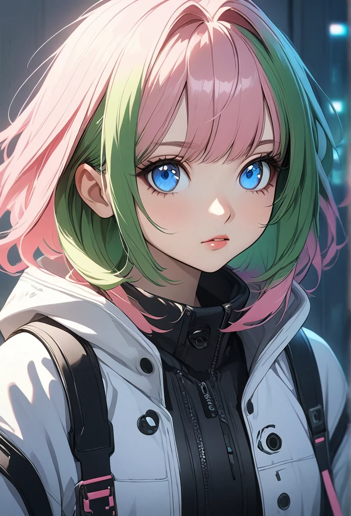 woman, Realistic characters, Green hair and pink hair, blue eyes, anime, alone, Modern, cyber punk