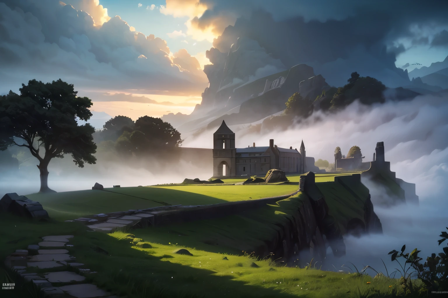 a stunning landscape of Hadrian's Wall, rolling hills, misty atmosphere, ancient stone ruins, medieval architecture, dramatic lighting, moody skies, lush vegetation, atmospheric fog, atmospheric lighting, cinematic composition, vibrant colors, photorealistic, award-winning digital art, unreal engine, 8k, ultra-detailed, highly detailed, masterpiece