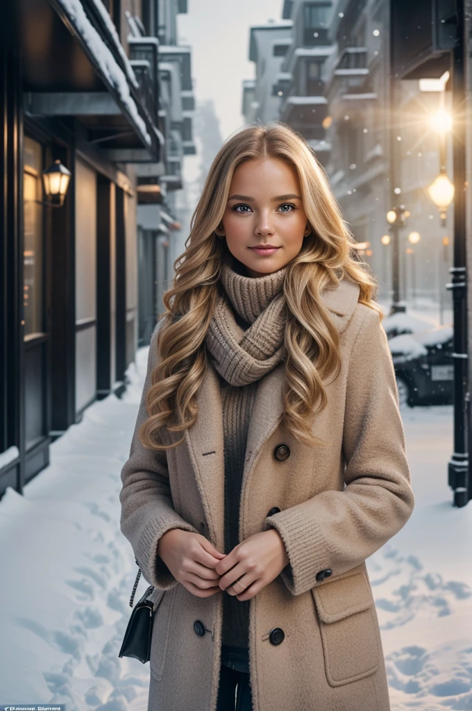 professional portrait photograph of a gorgeous Norwegian girl in winter clothing with long wavy blonde hair, sultry flirty look, gorgeous symmetrical face, cute natural makeup, wearing elegant warm winter fashion clothing, ((standing outside in snowy city street)), stunning modern urban environment, ultra realistic, concept art, elegant, highly detailed, intricate, sharp focus, depth of field, f/1. 8, 85mm, medium shot, mid shot, (((professionally color graded))), bright soft diffused light, (volumetric fog), trending on instagram, hdr 4k, 8k