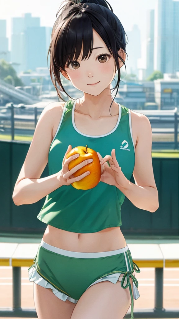 Shiraishi Mei, Looks exactly like Shiraishi Mei,Athletics、Bloomers、Tank top bikini、ponytail、Diffused sunlight, Written boundary depth, Bokeh (Highest quality: 1.2), (masterpiece: 1.2), Watch Viewer, Vision、(((Panorama:1.2)))三つ編fruit、fruit。
