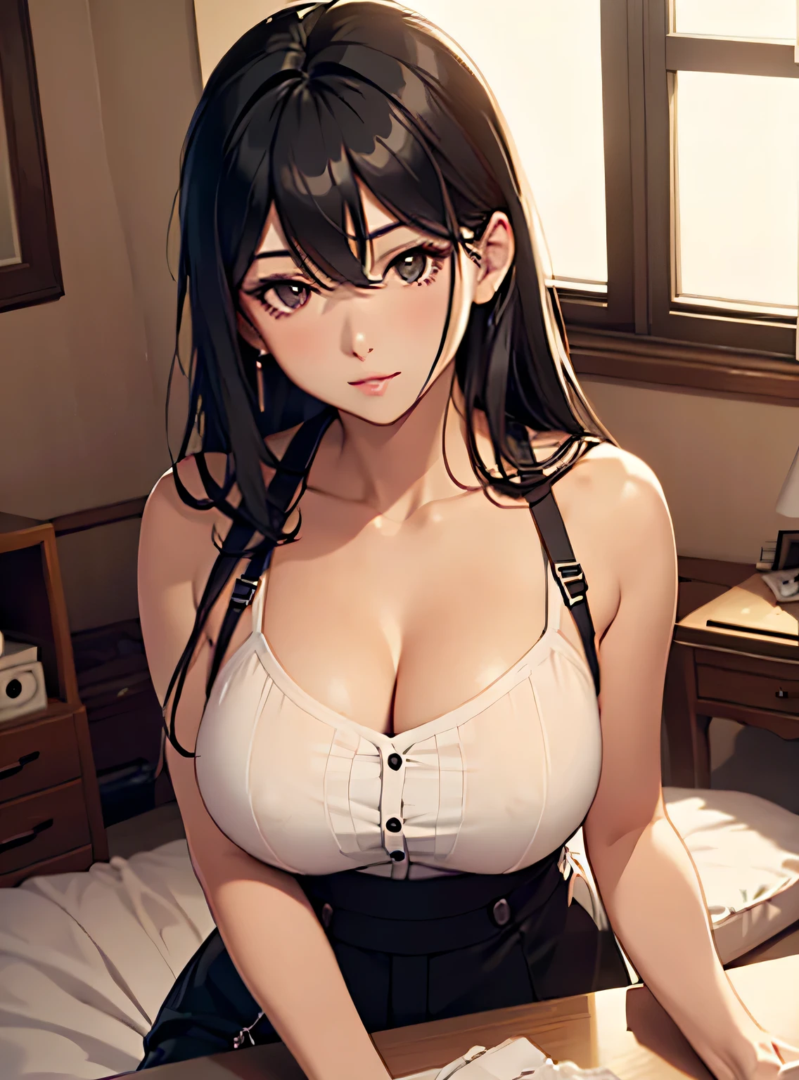 Mikami Yua, Black Hair, Black eyes, Adult women, masterpiece, beautiful girl, Sexy suspenders, bare arm, sleeveless,sit down, , , bedroom,, bust，Overhead shot，Upper Body