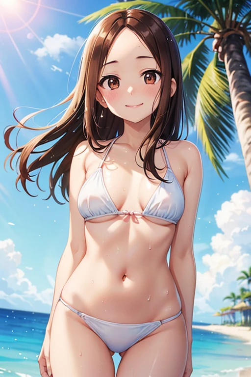 (8K、Highest quality、Highest quality、masterpiece)、Detailed face、One Girl、(Brown Skin:1.2)、Long Hair、Blue Right Eye、Yellow Left Eye、Heterochromia、Grin、(Bikini top Only、BikiniTop、Bikini Top、Denim hot shorts、Open Shorts、Unziped shorts、Mini Shorts、No Panties、NoPanties、Sexy pose、Suggestive pose、Spread pussy under shorts、frontal wedgie、wedgie、Spread vagina under shorts)、labia view、Beach、cloud、vagina、Spread Vagina、spread pussy、Big Breasts、