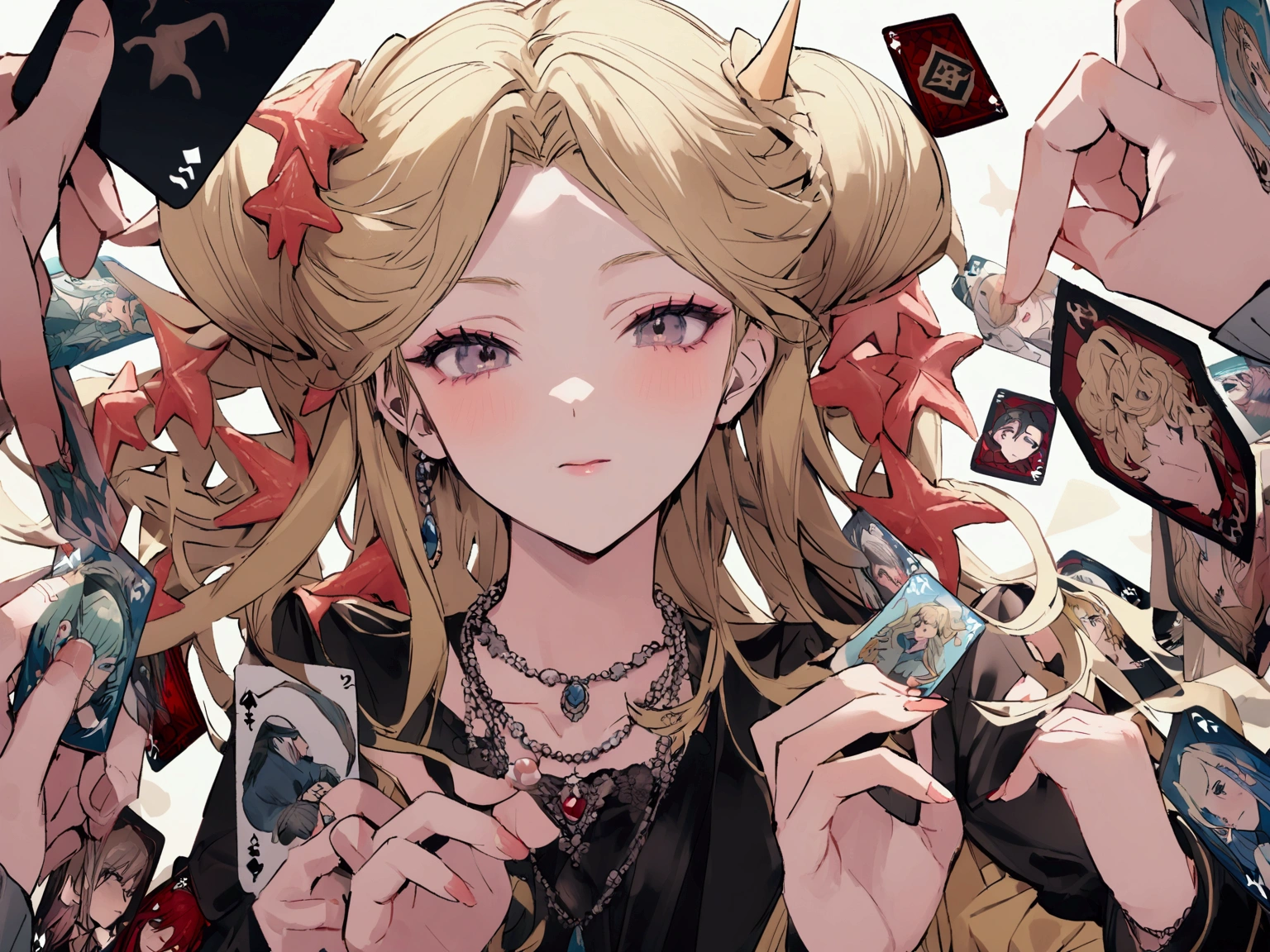 Card games,high school student,Starfish hairstyle,The front is blonde, the rest is black, and the surrounding area is red.,She is wearing a necklace that resembles an inverted pyramid,male,