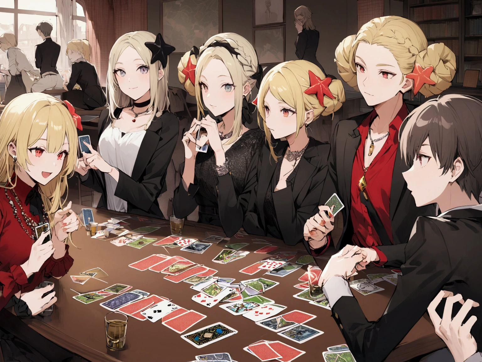 Card games,high school student,Starfish hairstyle,The front is blonde, the rest is black, and the surrounding area is red.,She is wearing a necklace that resembles an inverted pyramid,male,