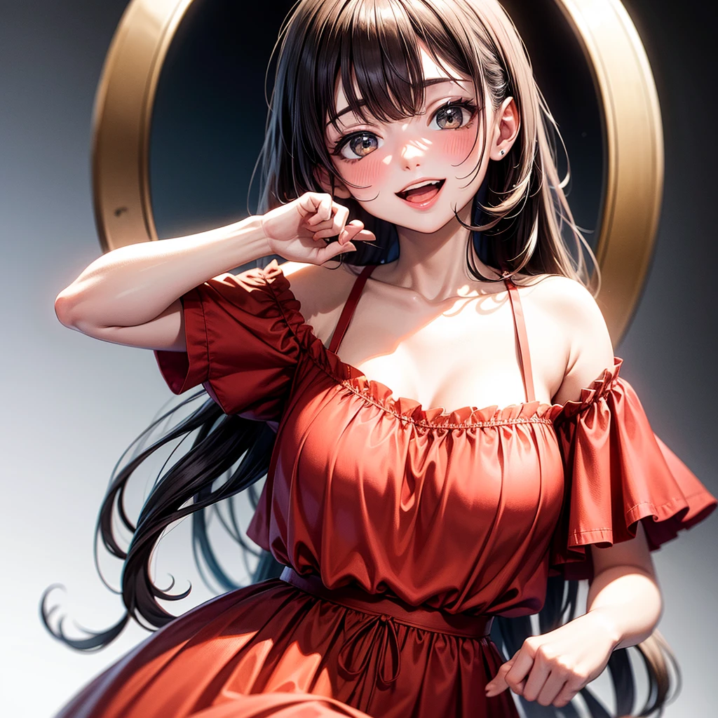 (masterpiece, best quality:1.2), (high resolution, Abstract:1.1), Ultra Detailed, 1 Girl, Cute pose, camisole, Off-shoulder, Open your mouth, Smile, blush