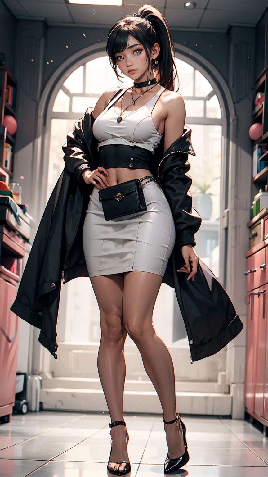 Cowboy Shot, (Black wings:1.2), Very long hair, Side Ponytail, choker, Holding, Off the shoulder, (White micro mini dress:1.3), White midriff jacket,Hello,24-year-old female、Saggy breasts、Sexy proportions、mature female body、Alluring、erotic、Micro Mini Flared Skirt、Stiletto heels、Pink Background