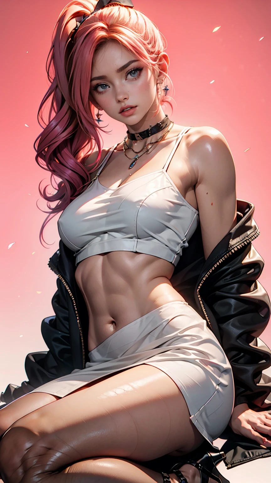 Cowboy Shot, (Black wings:1.2), Very long hair, Side Ponytail, choker, Holding, Off the shoulder, (White micro mini dress:1.3), White midriff jacket,Hello,24-year-old female、Saggy breasts、Sexy proportions、mature female body、Alluring、erotic、Micro Mini Flared Skirt、Stiletto heels、Pink Background