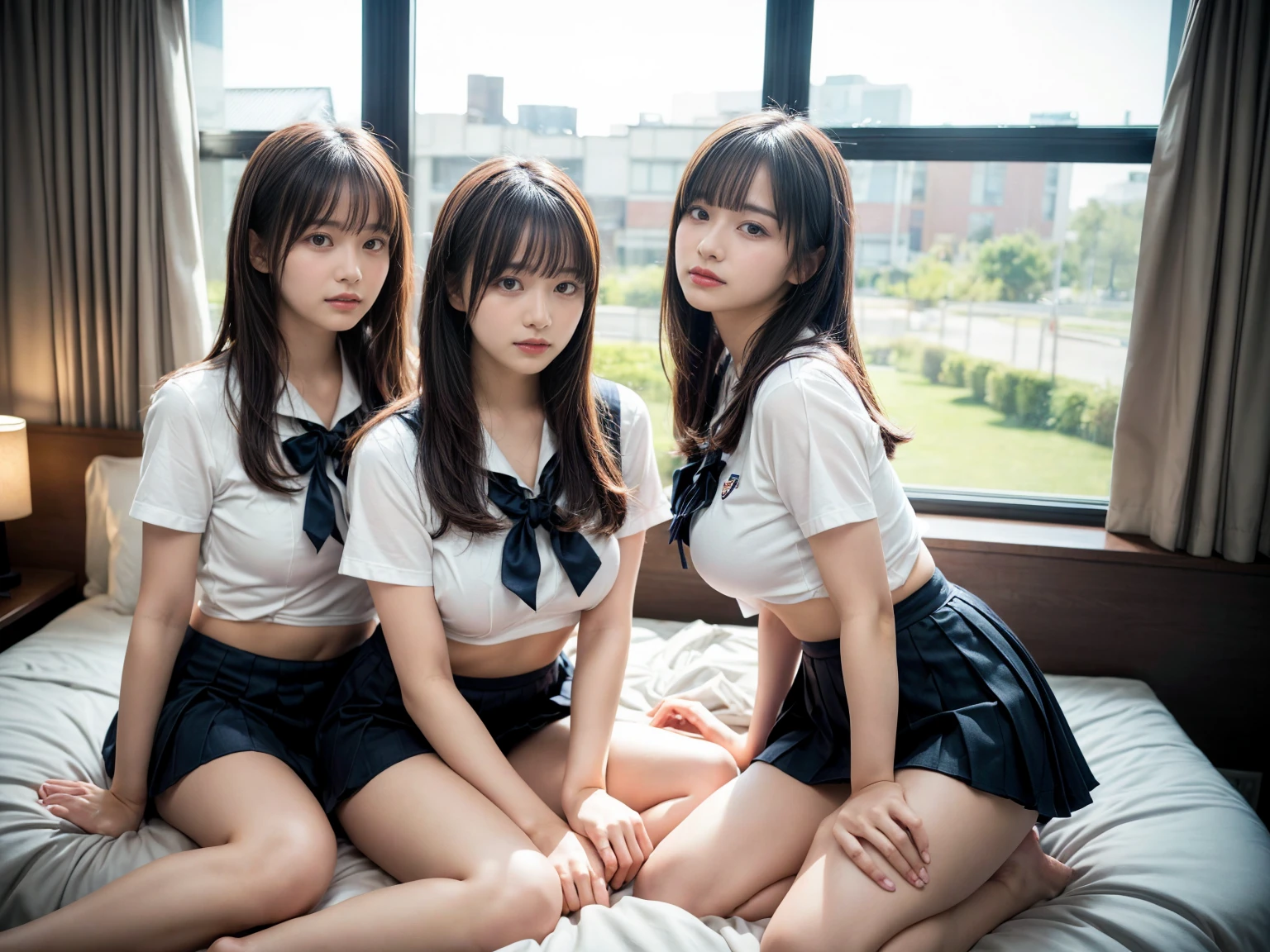 masterpiece, best quality, illustration, Super detailed, fine details, High resolution, 8K,wall paper, perfect dynamic composition,(Details High quality, realistic depiction of eyes:1.3), (3 girls), Black Sailor Uniform, serafuku, Navy pleated skirt, sitting, open legs, short bob hair, in a hotel room in the background, deep on field, large breasts, black hair color, Big Natural Color Lip, (perfect body shape), crying a little、Harajuku style、20 year old girl、cute type、beautiful legs, Gravure Idol
