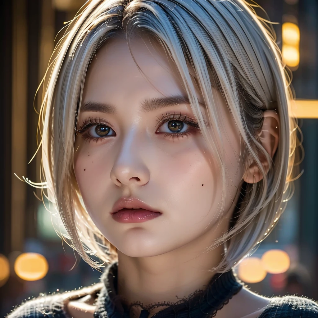 streaked hair, white hair, medium hair, mole under eye, heart-shaped pupils, chiaroscuro, cinematic lighting, sparkle, Surrealism, UHD, high details, best quality, masterpiece, DARK,