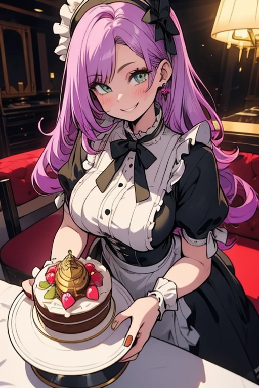 Perfect face. Perfect hands. A light purple haired woman with green eyes with an hourglass figure in a Lolita maid uniform is serving cake with a big smile in a fancy maid cafe