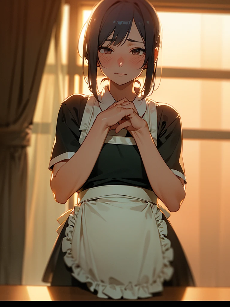 (Sumilux f1.4 50mm , low Latitude old color negative film , cross process , bokeh, flare, chromatic aberration , soft focus, (Shallow focus) , soft glow , Maximum aperture, low Key , Transparent depiction) , Works by Yusuke Nakamura , kawaii hentai anime style , coquettish , Clumsy Cafe clerk nymph , skinny body , flat chest , blouse , apron , heart is beating fast with anticipation , perineum , pee