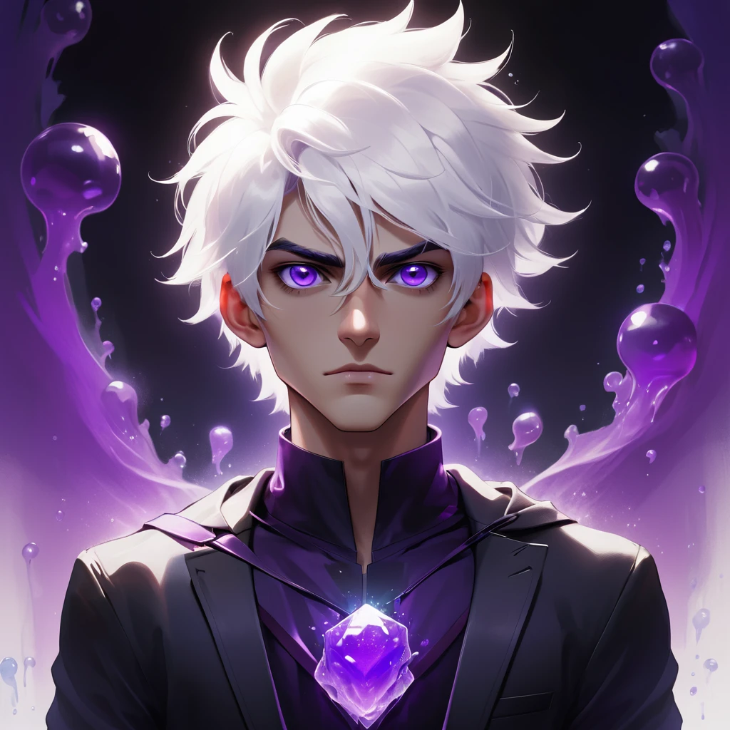 work of art,absurderes,best qualityer,standing alone,1 boy,male focus,jelly portrait,2d,アニメ,White hair, purples eyes,looking at camera 