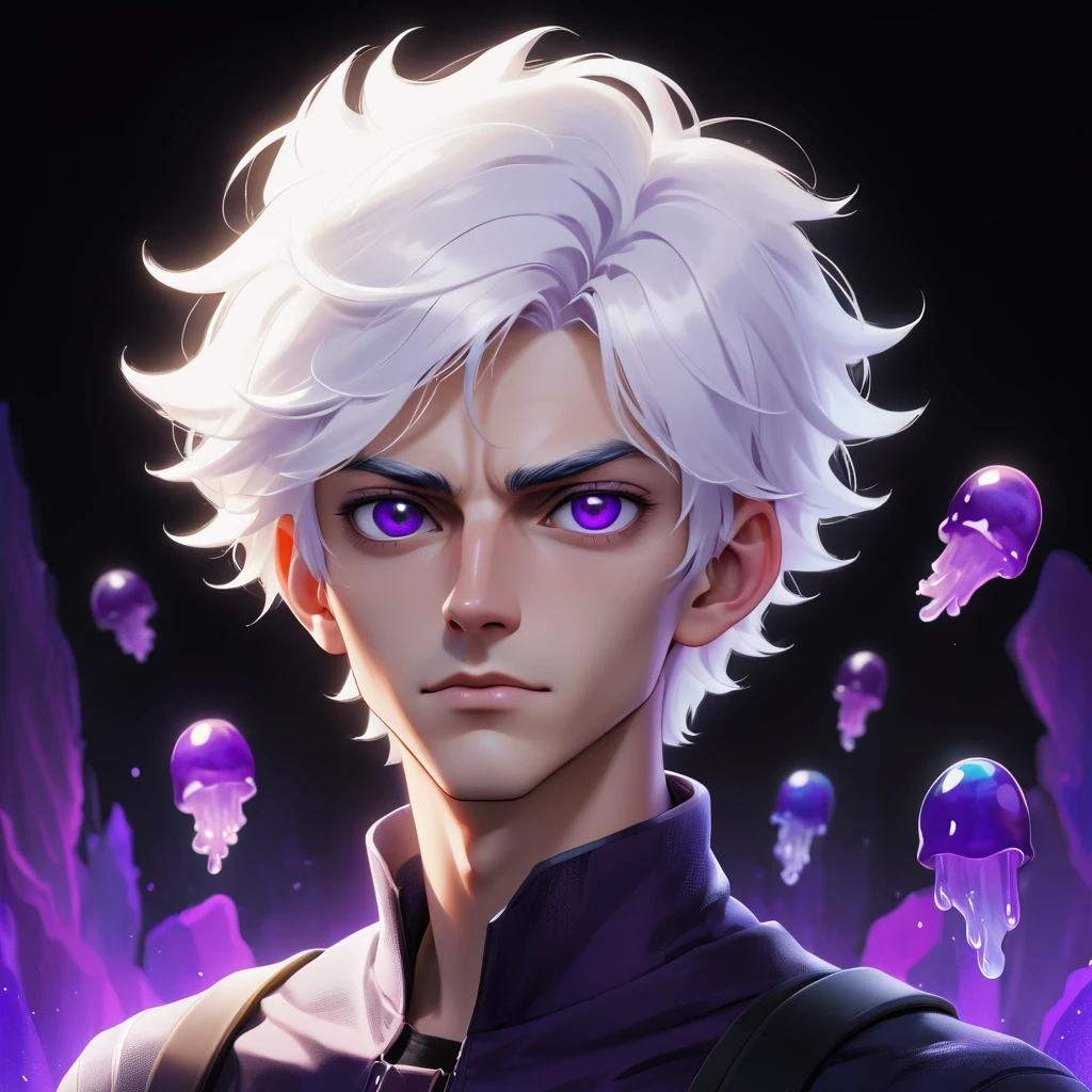 work of art,absurderes,best qualityer,standing alone,1 boy,male focus,jelly portrait,2d,アニメ,White hair, purples eyes,looking at camera 