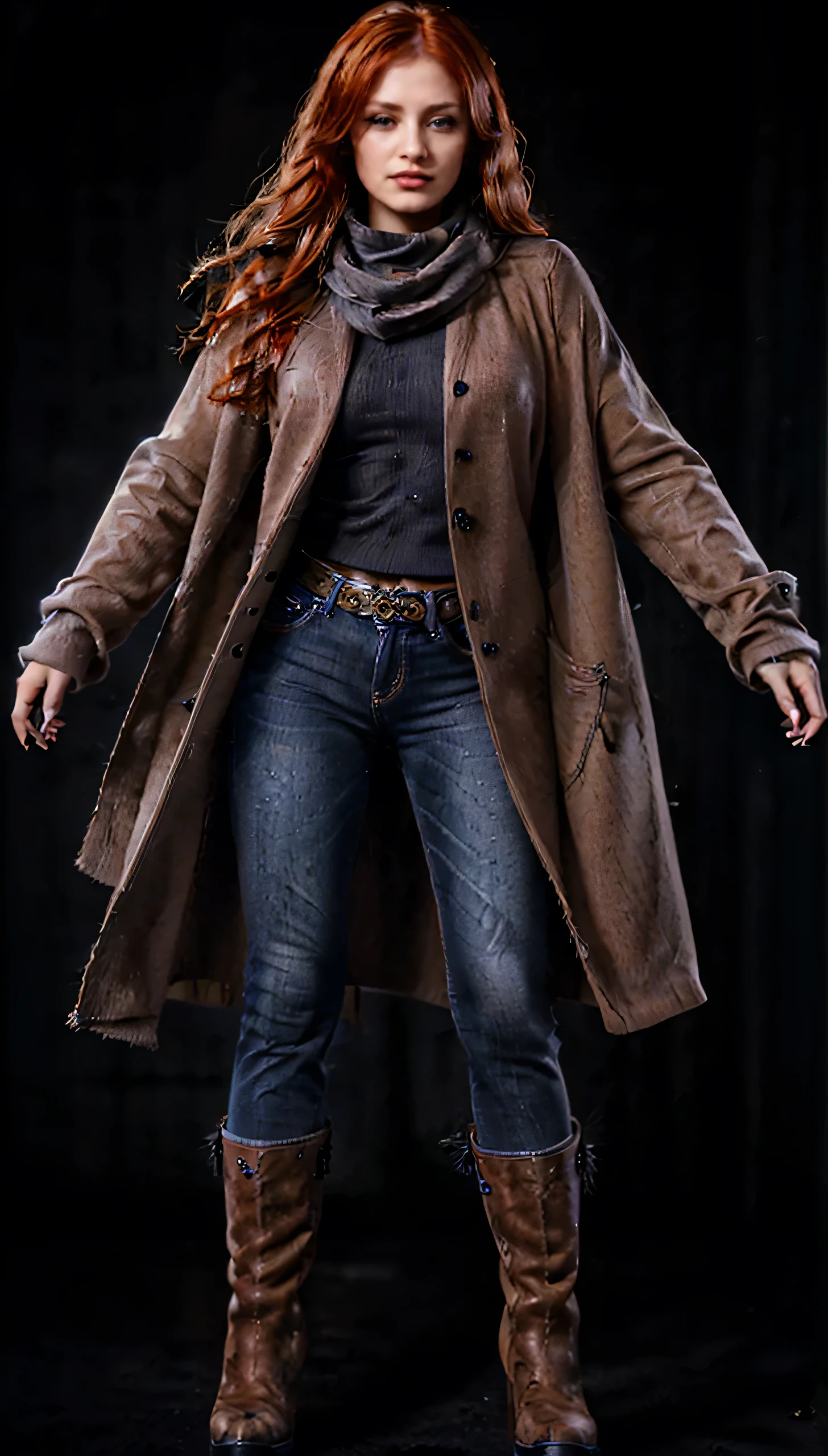 Frontview photo, full body, Beautiful redhead woman in a coat and scarf, in her late twenties, 90s make-up, winter clothes, blue jeans, black boots, high definition, HD, realistic