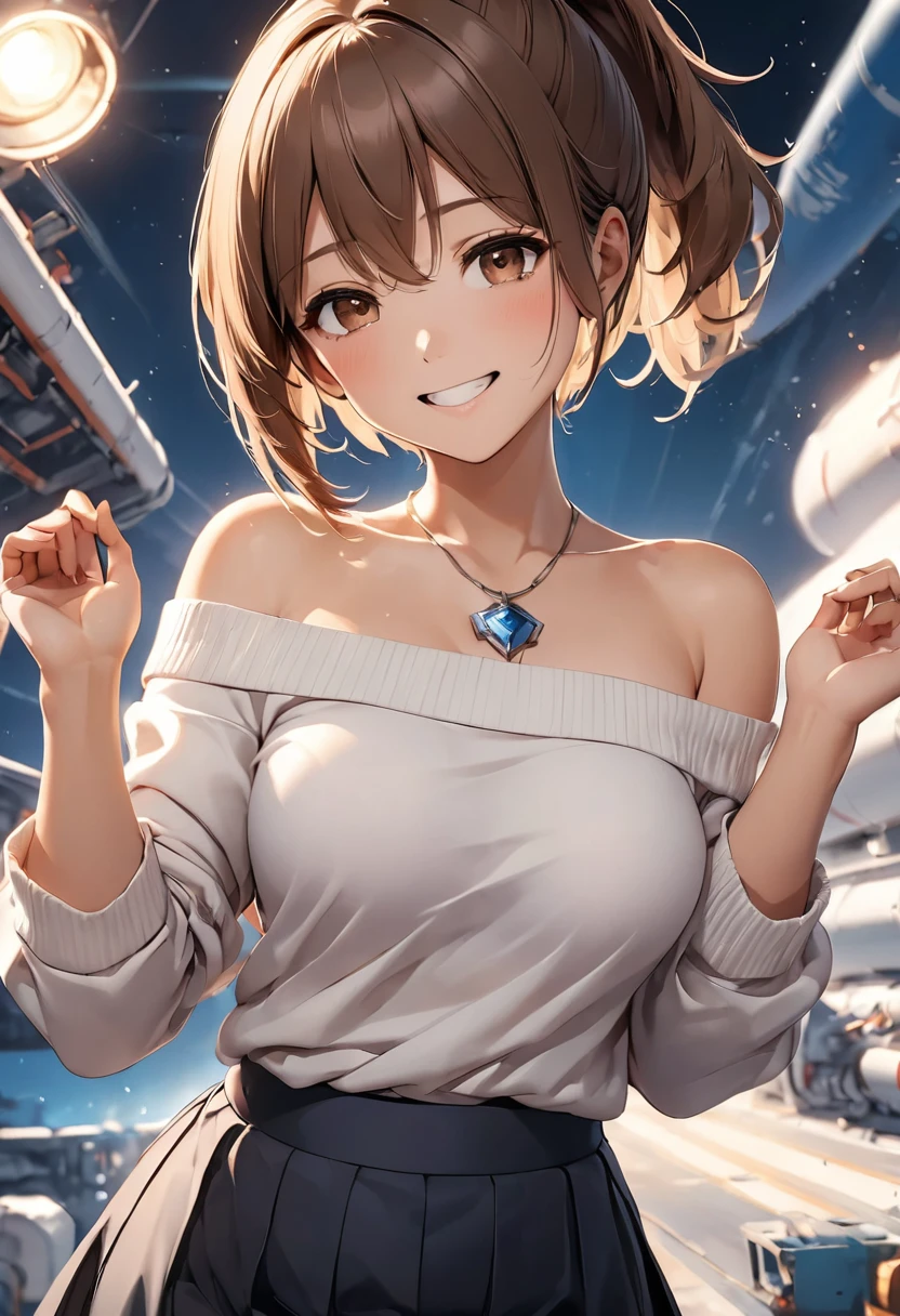 (masterpiece:1.2), Highest quality, High resolution, unity 8k wallpaper, (shape:0.8), (Beautiful details:1.6), Highly detailed face, Perfect lighting, Extremely detailed CG, (Perfect hands, Perfect Anatomy),Yu Hirasawa,short hair, Brown Hair, (Brown eyes:1.5), ponytail,happy smile, smile,Open your mouth,Off-the-shoulder sweater,Long skirt,Skirt Lift,Panties in full view,Exposing shoulders,bare clavicle,Bare neck,Rocket Pendant,whole body