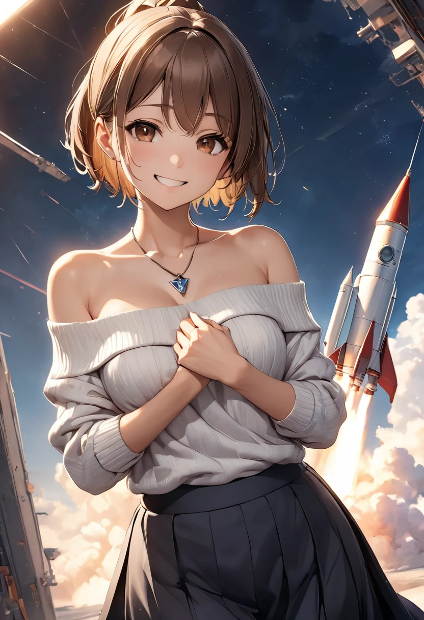 (masterpiece:1.2), Highest quality, High resolution, unity 8k wallpaper, (shape:0.8), (Beautiful details:1.6), Highly detailed face, Perfect lighting, Extremely detailed CG, (Perfect hands, Perfect Anatomy),Yu Hirasawa,short hair, Brown Hair, (Brown eyes:1.5), ponytail,happy smile, smile,Open your mouth,Off-the-shoulder sweater,Long skirt,Skirt Lift,Panties in full view,Exposing shoulders,bare clavicle,Bare neck,Rocket Pendant,whole body