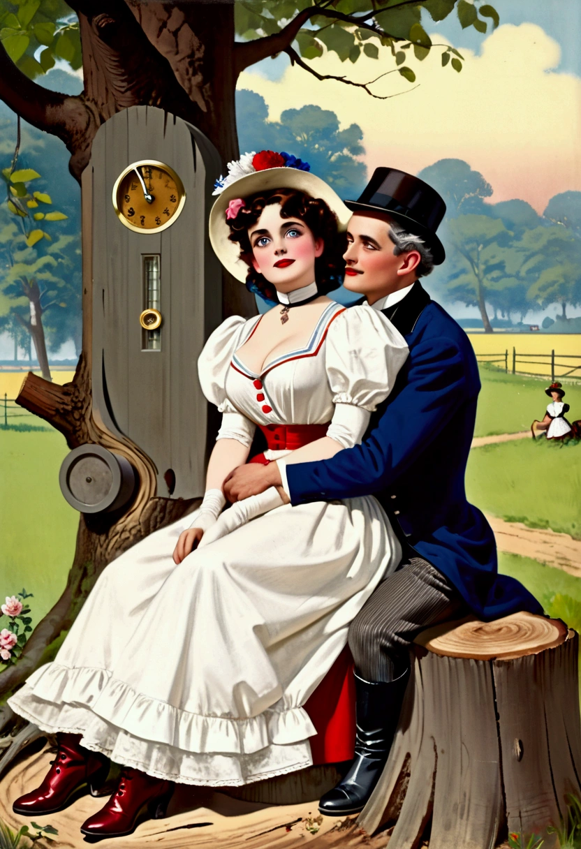 (((A couple cuddling on a summer's afternoon, sitting on a tree stump. 1 girl, 1 man))). Betty Boop as a (((small stylish brunette teenGibson Girl wearing an Edwardian outfit))) consisting of a high-neck long sleeve dress, an ornate wide-brimmed picture hat with a veil in the front topped with flowers, ribbons and feathers, also wearing gloves in both hands, a sash tied around her waist, a floor-length skirt, (((white petticoats, silk stockings and a pair of buttoned boots))). She has a (((40-20-40 hourglass figure with large breasts and a larger rear))). (((Her gorgeous face has two big blue eyes and pouty red lips curled into a coquettish smile))). Sitting next to her is an (((ugly, large, horny 69yo gentleman holding her in his arms and pecking her neck lasciviously))), to which the girl playfully feigns indifference. He wears a three-piece morning suit, consisting of a black frock coat, cravat, starched collar, waistcoat, trousers, spats and top hat. (((He has an aged face, thinning gray hair and thick muttonchops))). He has a noticeable bulge inside his trousers. 1900s fashions. Full body. Secluded countryside.