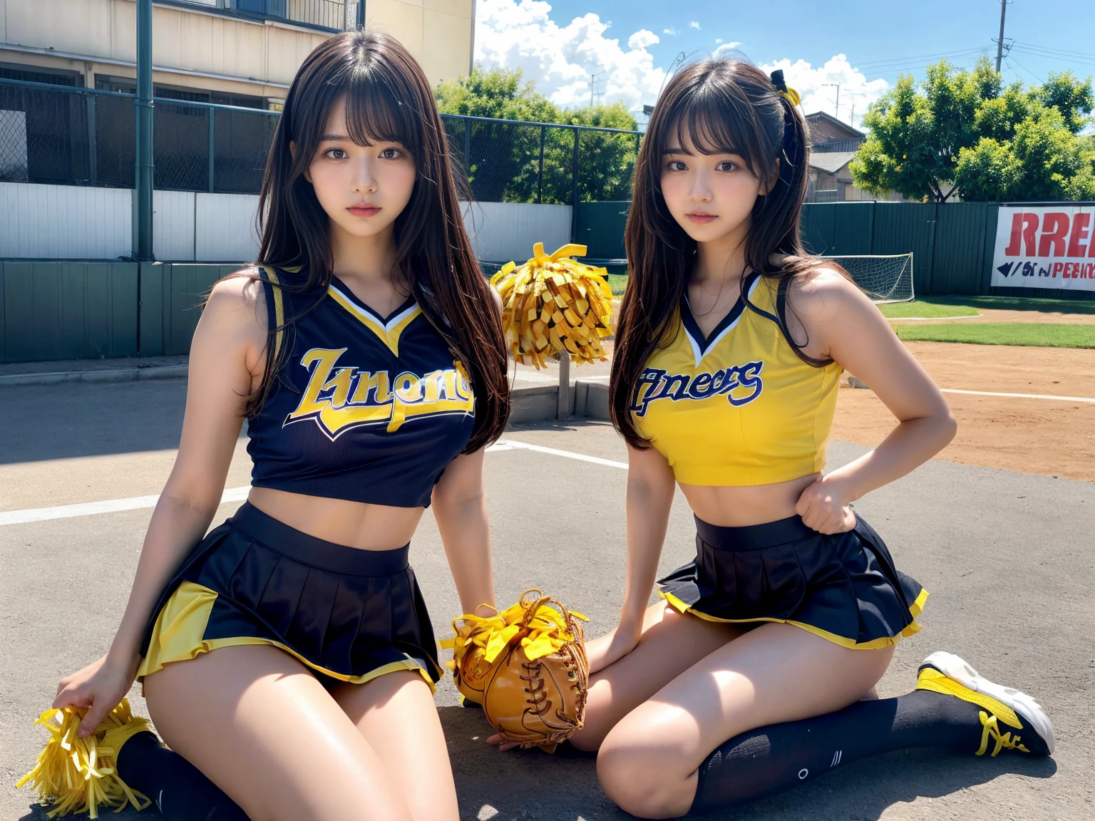 masterpiece, best quality, illustration, Super detailed, fine details, High resolution, 8K,wall paper, perfect dynamic composition,(Details High quality, realistic depiction of eyes:1.3), (3 girls), BREAK (cheerleader uniform with yellow as basic color:1.3), (holding a yellow pompoms in hand:1.4), (sleeveless yellow tunic with baseball team logo:1.4), yellow tops, (bold V-neck:1.3), ((Blue lines, black lines) on tops:1.3), ((fit and flare, A-line):1.3), (A-line yellow rah-rah skirt:1.3), mini skirt, (black socks:1.3), (sports shoes:1.2), sitting, open legs, short bob hair, in a hotel room in the background, deep on field, large breasts, black hair color, Big Natural Color Lip, (perfect body shape), crying a little、Harajuku style、20 year old girl、cute type、beautiful legs, Gravure Idol