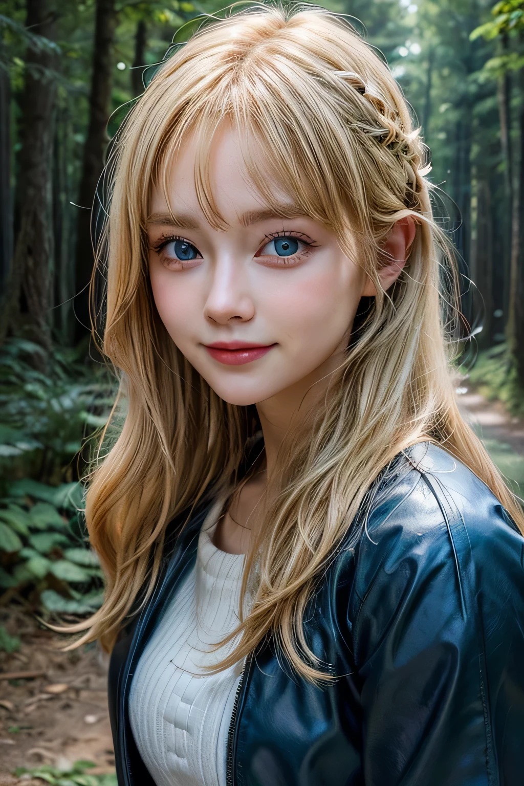 Gorgeus Girl, Beautiful, blonde Hair, Bokeh, Blue Eyes, Ranger Clothes, forest, Masterpiece, eye contact, perfect body, stylish pose, happy smiling 