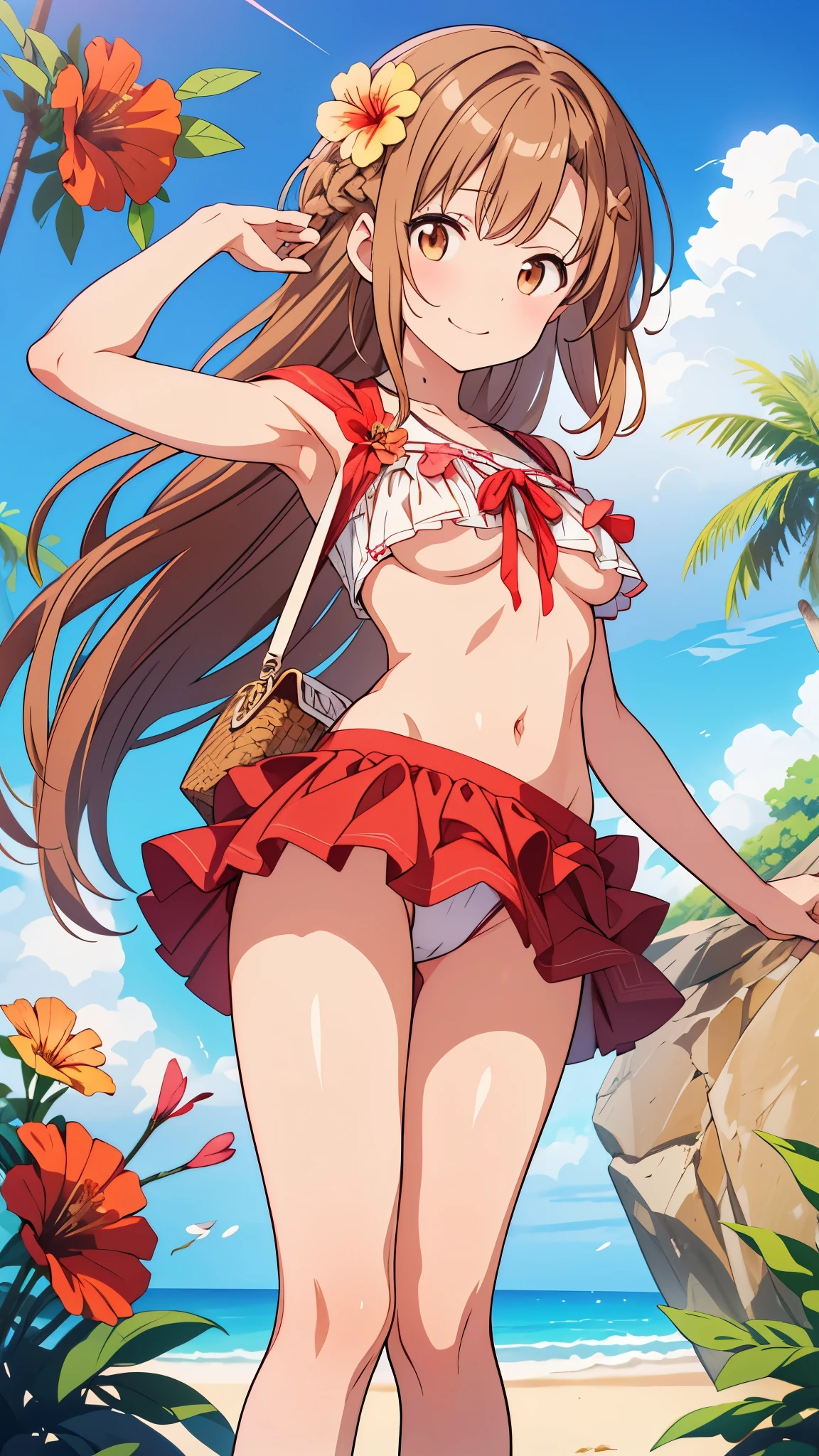 Beachでポーズをとるビキニ姿の女性のクローズアップ　One Girl、、The underboob is visible、Whole Body Ezbian、Brown Hair、Hibiscus flowers bloom all around、Beach、smile