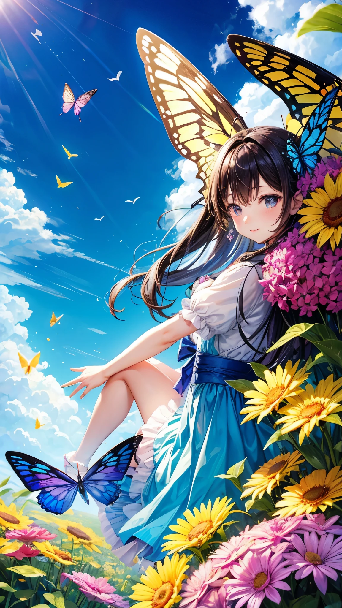 Large butterfly, colorful wings, Background blue sky、Flying high in the sky