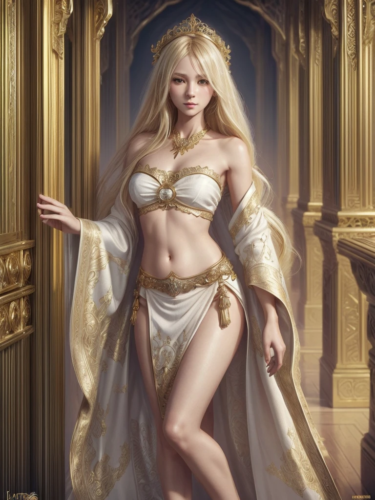 (high quality, ArtStation, fantasy art, intricate ornaments:1.2), (A beautiful girl), (long messy blonde hair, bare legs), (white ornate strapless kimono, navel, gold trim), (palace hall)