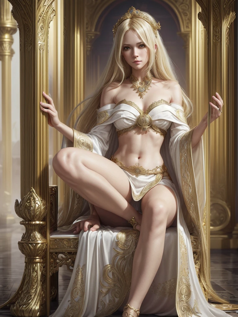 (high quality, ArtStation, fantasy art, intricate ornaments:1.2), (A beautiful girl), (long messy blonde hair, bare legs), (white ornate strapless kimono, navel, gold trim), (palace hall)