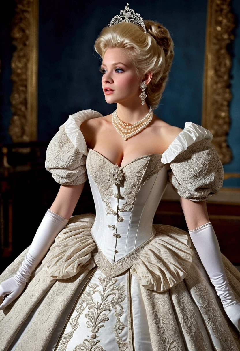 A stunningly beautiful blonde fairytale Princess shining with Royal Pomp and Regal Splendor, wearing a Stately and (((Elaborate))) Royal Cinderella Wedding Dress of Silver and White Brocade, with (((enormous puffed sleeves))) a stiffly boned, padded and corseted bodice, an hourglass waist, a (((huge crinoline hoopskirt))) and (((bustle))), adorned with ribbons, bows, roses, lace, ruffles, frills, embroidery, and jewels, elaborately curled and styled hair, long white gloves, pearl and diamond necklace and earrings