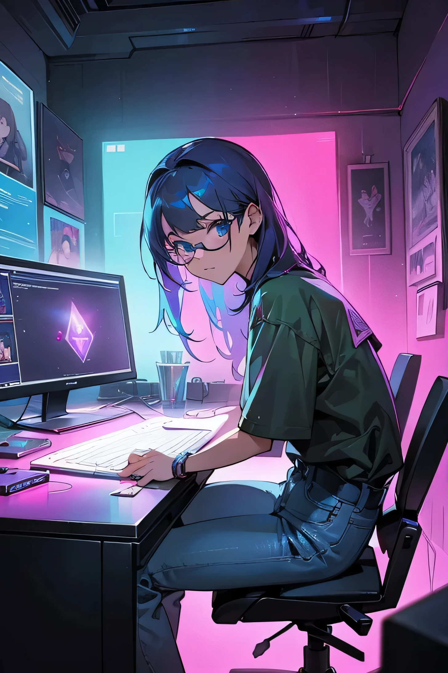 A girl in a game development setting, using her computer to code and create an amazing game, surrounded by colorful and futuristic game characters. She has glasses and bright, expressive eyes, with a determined and focused expression. The room is filled with posters of her favorite game characters and inspirational quotes. The atmosphere is vibrant and lively, with neon lights and holographic projections illuminating the room. The girl is wearing a casual outfit, perhaps a t-shirt with a game logo and comfortable jeans. Her desk is cluttered with art supplies, sketches, and game design documents. The colors in the scene are vivid and vibrant, with a mixture of neon and pastel tones. The lighting is dynamic, with emphasis on the computer screen and the glow from the holographic projections. The overall image should be of the highest quality, with ultra-detailed elements and a realistic, photorealistic style.