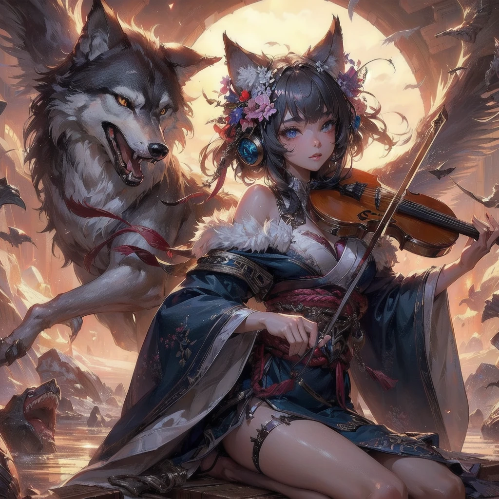  masterpiece, (textured skin), best quality, gorgeous beautiful, (a beautiful girl,wolf ears),detailed clothes,large breasts,narrow waist,, (beautiful face), cinematic lighting, (fantasy anime art ),