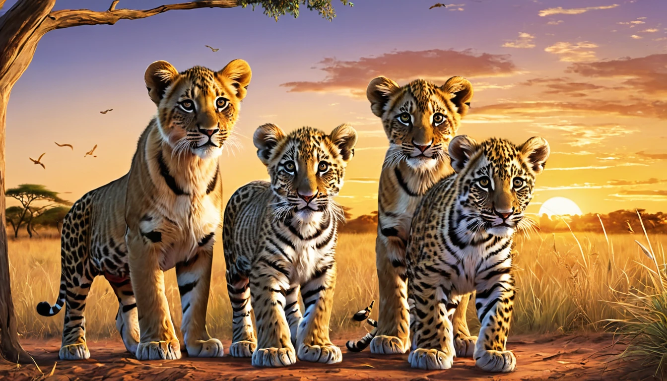 As the sun sets over the African plains, three curious cubs - a lion, a tiger, and a leopard - explore their surroundings, their wide-eyed wonder and playful curiosity captured in a whimsical, storybook style.