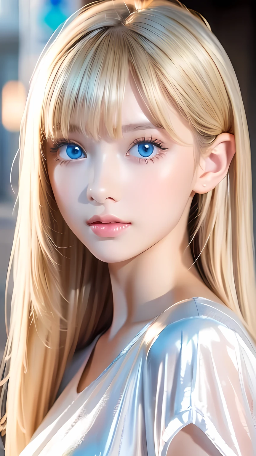 Unparalleled beauty, Extremely white, firm and lustrous skin, Bangs between the eyes, Bangs over both eyes、Beautiful shiny, straight, natural platinum blonde, Super long, straight, silky, beautiful blonde hair, eyeliner, A truly beautiful girl、Sexy beautiful innocent 14 years old, Beautiful, large, light blue eyes that sparkle like jewels., Beautiful and lovely girl, Baby Face, Short sleeve shirt、Large bust、Small Face Beauty、Round face、Cheek highlighter