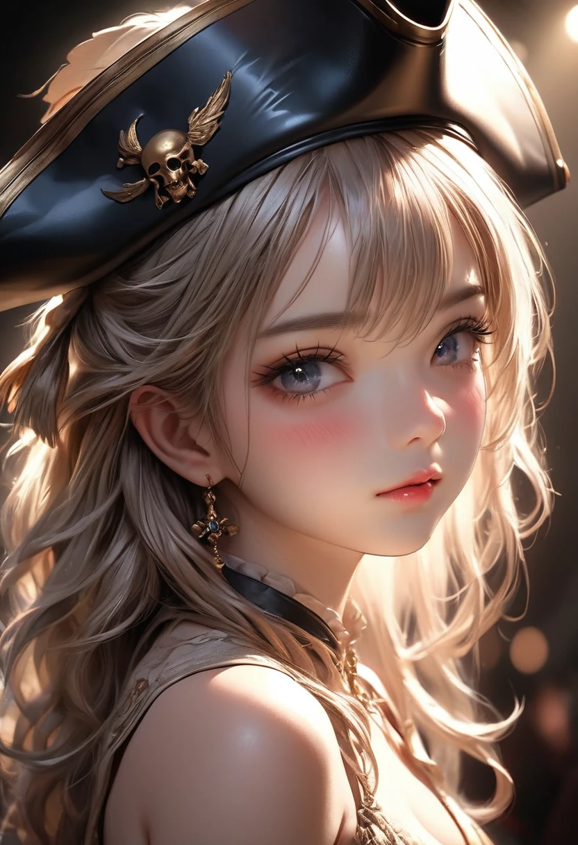 Pirates, beautiful cute girl captain, (highest quality,32k,highres,masterpiece:1.2),ultra-detailed,(hyper-realistic,photo-realistic:1.37), graceful poses, sensual expressions, dramatic lighting, cinematic camera angles, rich colors, chiaroscuro lighting, glamorous stage, seductive atmosphere, mesmerizing performance, blushed cheek, beautiful cute face and eyes, beautiful delicate longeyelash, so cute sensual face, face focus:1.4, from side