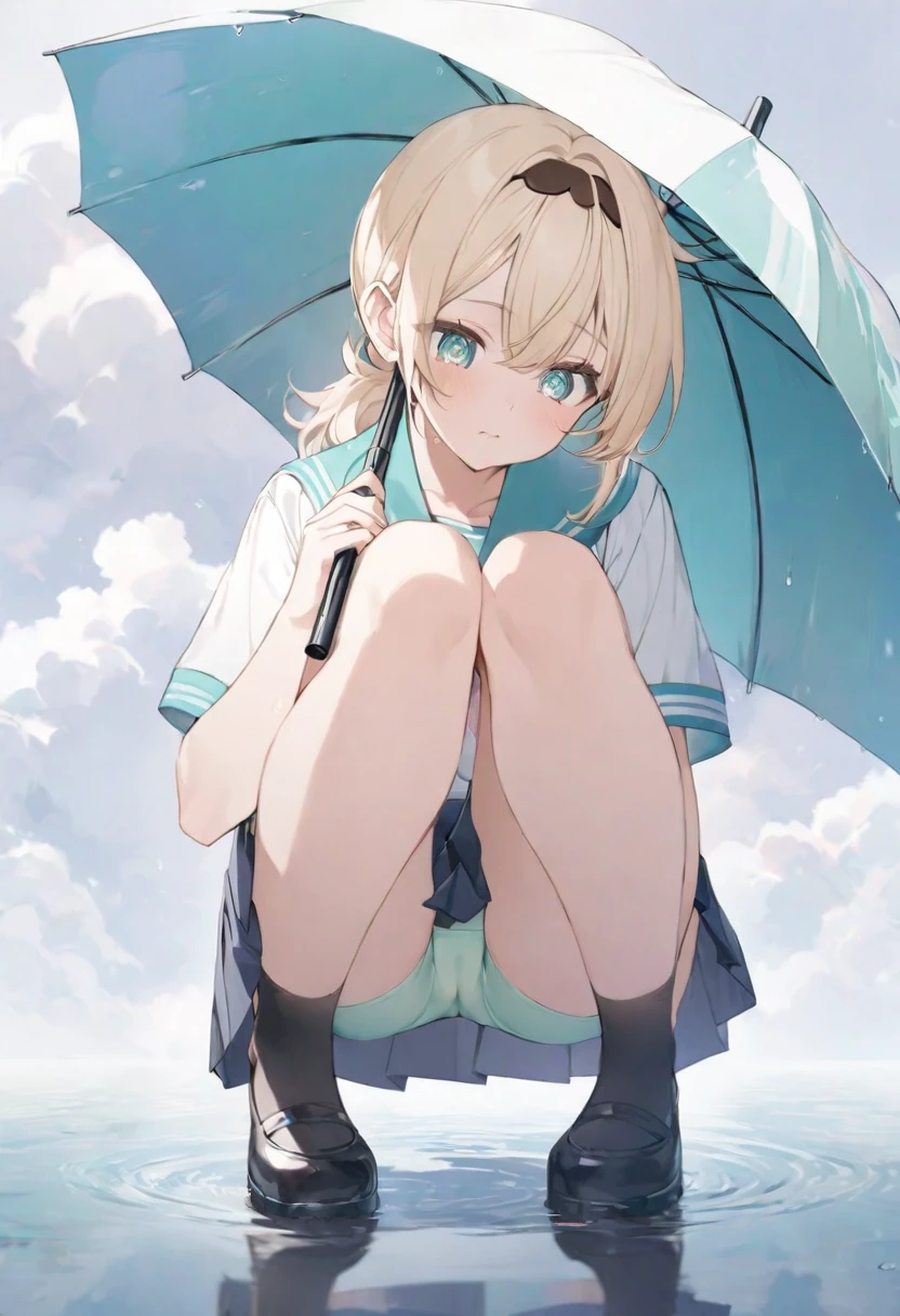 (muste piece), (best quality), (score_9, score_8_up, score_7_up), very detailed eyes, expressive eyes, perfect face, very detailed face, highly detailed face, beautiful girl, 8K, beautiful girl, delicate and beautiful face and eyes, dark intense shadow, 1 girl, vtuber style, cool girl, hololive, vtuber, kazama iroha, blonde hair, short ponytail, Japanese student sailor uniform, short sleeves, pleated Skirt, miniskirt, light green underpants, cameltoe, small chest, (full body), cloudy day, rainy Day, holding an umbrella, look down, squatting, knees together feet apart, reflection in water,