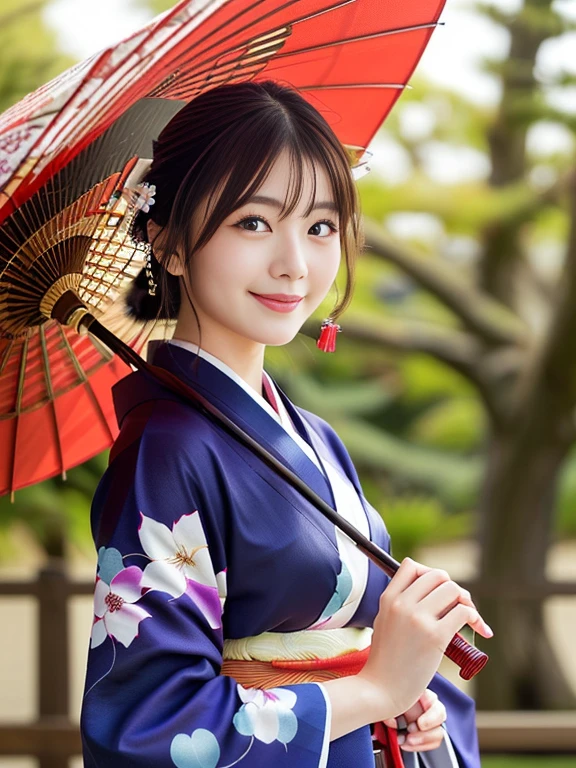 Photo-realistic quality、A Japanese woman wearing a kimono and holding a red umbrella, Traditional Japanese Beauty、20 year old Japanese model, in Kimono, elegant japanese woman, Japanese style, in a kimono, Portrait Shot, wearing kimono, Japanese style, Wear Hakama、looking at the camera、Detailed and beautiful eyes、Cute smile、A soft and gentle look