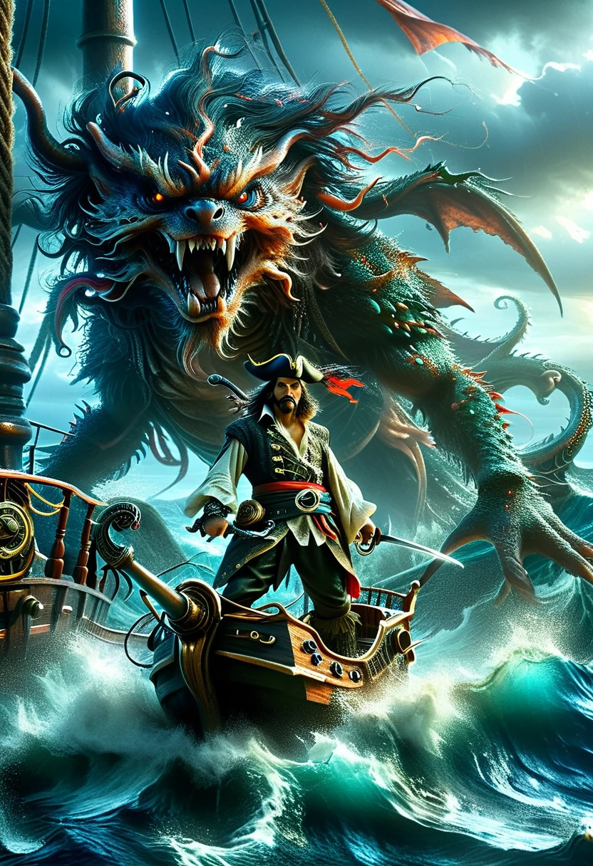 A dark fantasy style scene of a pirate on his ship battling a Kraken. The pirate, with an Asian descent and male gender, stands bravely on the ship's deck. He wields a cutlass and the ship is tattered, evidencing numerous past battles. Emerging from the turbulent sea, the monstrous Kraken unfurls its giant tentacles, reaching for the ship and the pirate. The overall ambience is ominous and foreboding, with stormy seas and dark clouds overhead.