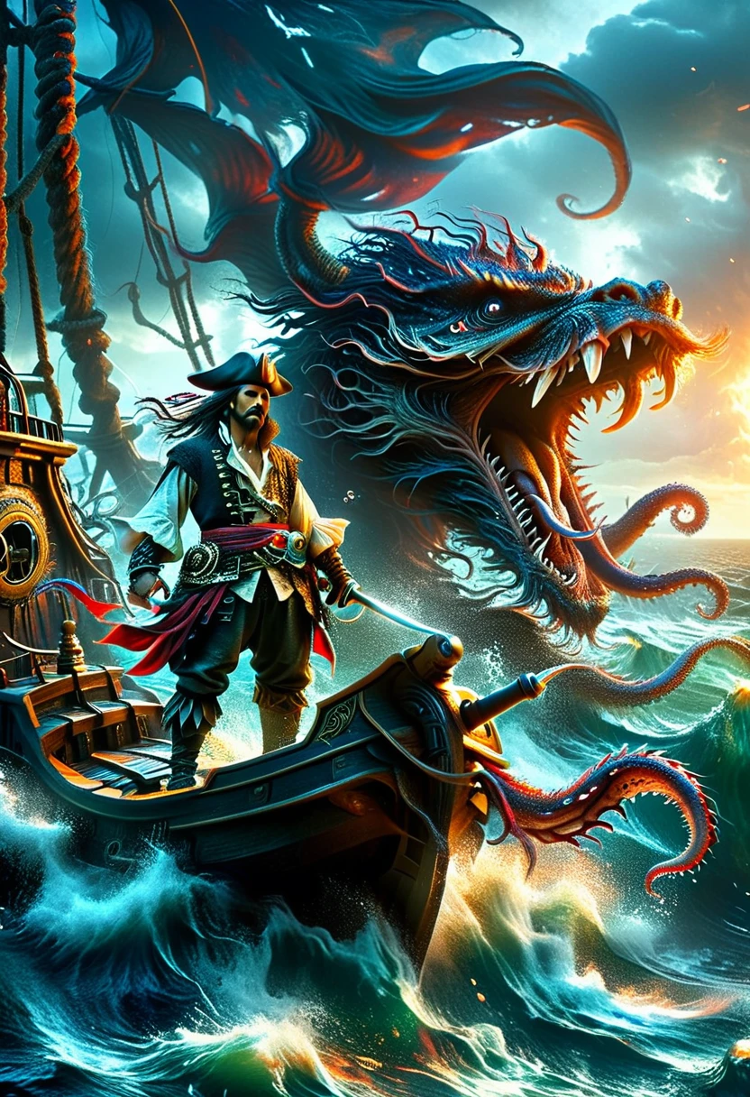 A dark fantasy style scene of a pirate on his ship battling a Kraken. The pirate, with an Asian descent and male gender, stands bravely on the ship's deck. He wields a cutlass and the ship is tattered, evidencing numerous past battles. Emerging from the turbulent sea, the monstrous Kraken unfurls its giant tentacles, reaching for the ship and the pirate. The overall ambience is ominous and foreboding, with stormy seas and dark clouds overhead.