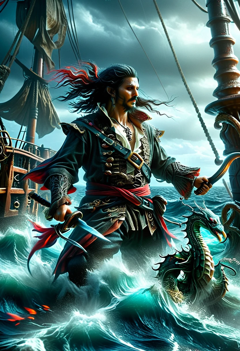 A dark fantasy style scene of a pirate on his ship battling a Kraken. The pirate, with an Asian descent and male gender, stands bravely on the ship's deck. He wields a cutlass and the ship is tattered, evidencing numerous past battles. Emerging from the turbulent sea, the monstrous Kraken unfurls its giant tentacles, reaching for the ship and the pirate. The overall ambience is ominous and foreboding, with stormy seas and dark clouds overhead.