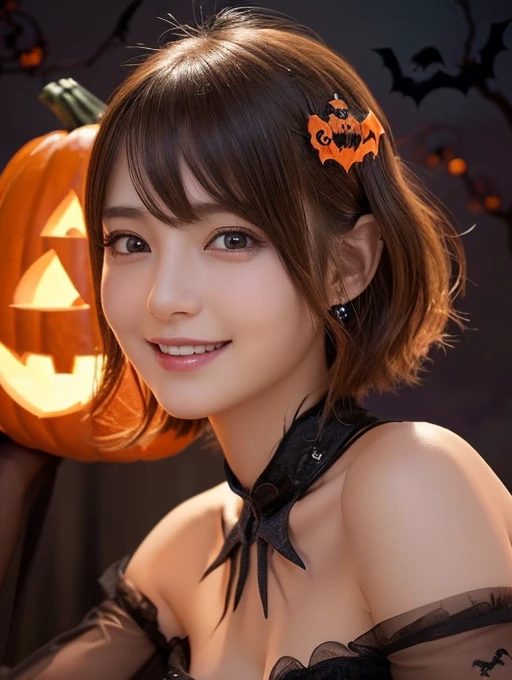 (table top,a 25 years old girl, detailed cutie face, beautiful balanced clear detailed eyes, detailed dropped eyes, ultra big smile, extremely detailed face,ultra slender body,short hair,anime style, (halloween costume):2.0), Highres fix,colorful lights, pumpkin decorations, haunted house, best quality, 4k, highres, masterpiece, realistic, photorealistic, photo-realistic, vivid colors, intricate details, fantasy, soft lighting, magical