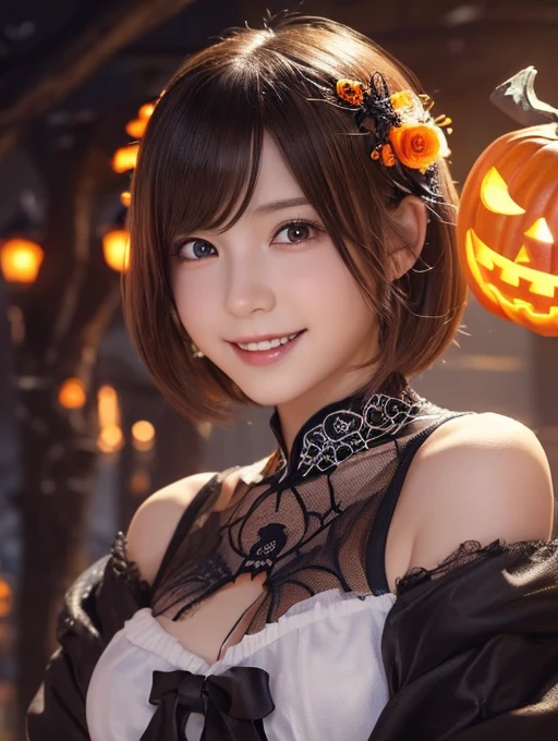 ((from below,upper body),A 25 years old girl, detailed cutie face, beautiful detailed eyes, detailed dropped eyes, left and right eyes are equal,beautiful charming big smile, extremely detailed face,slender body,short hair,anime style, (halloween costume):2.0), Highres fix,colorful lights, pumpkin decorations, haunted house, best quality, 4k, highres, masterpiece, realistic, photorealistic, photo-realistic, vivid colors, intricate details, fantasy, soft lighting, magical